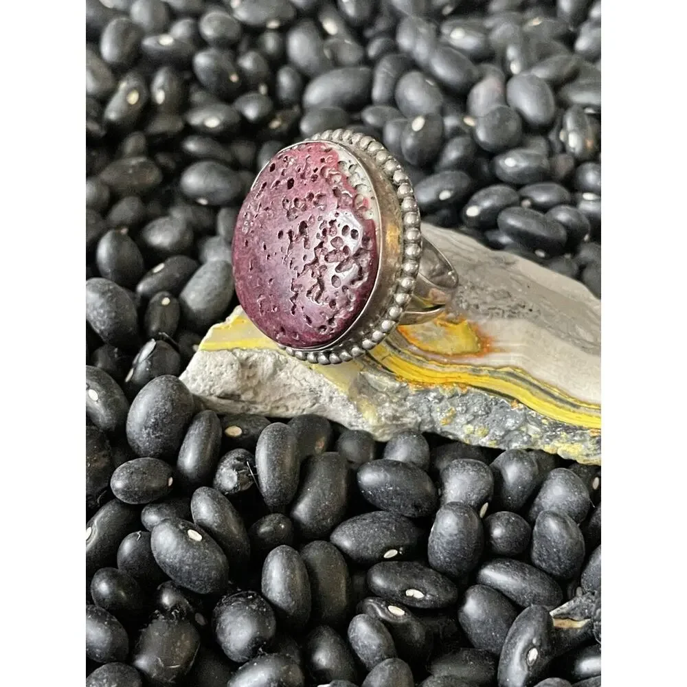 Native Sterling Silver Raw Pourous Purple💜Spiny Oyster Round Ring~Size 7.25
